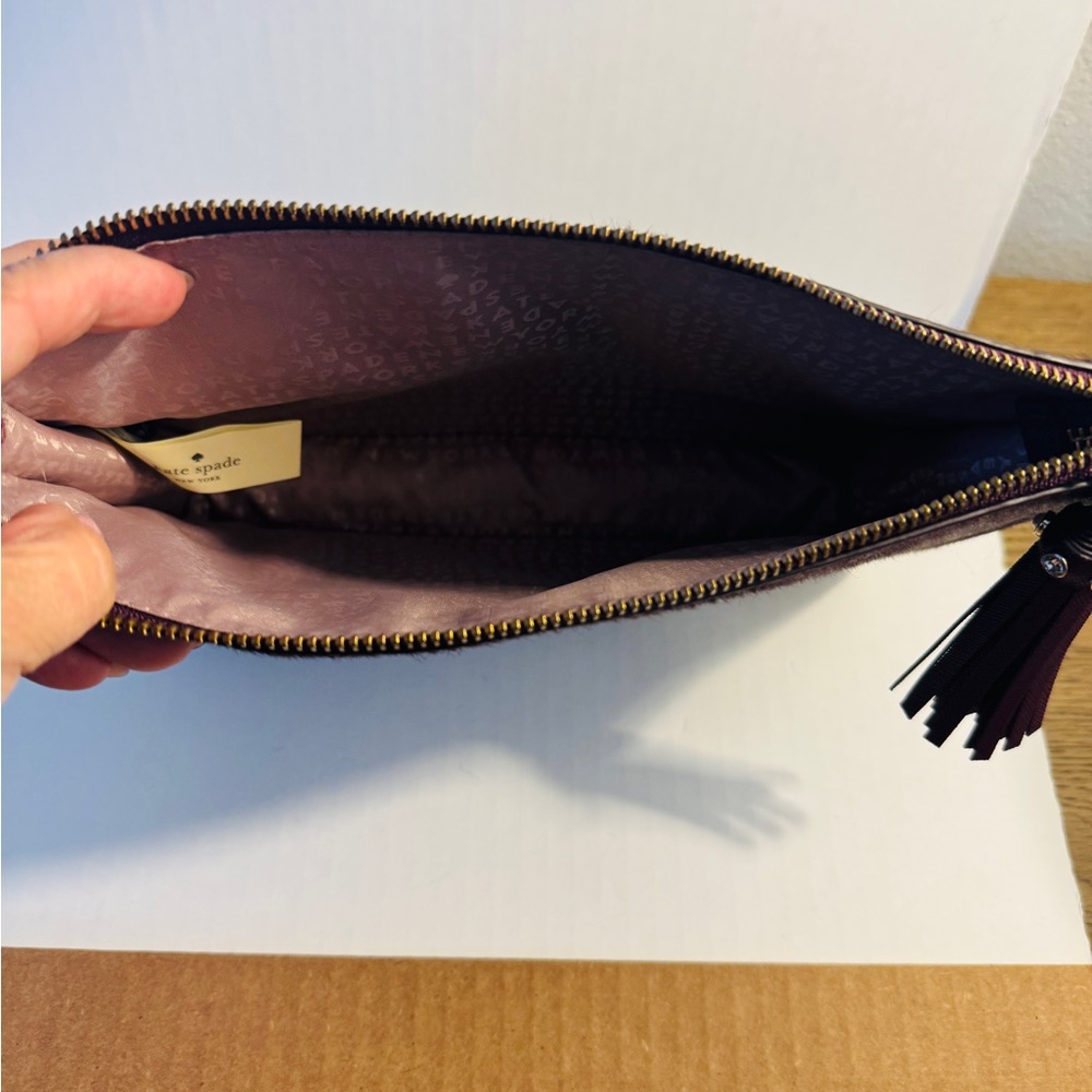 Kate Spade NEW calf fur burgundy handheld clutch plum with Gold Accents - Picture 6 of 7